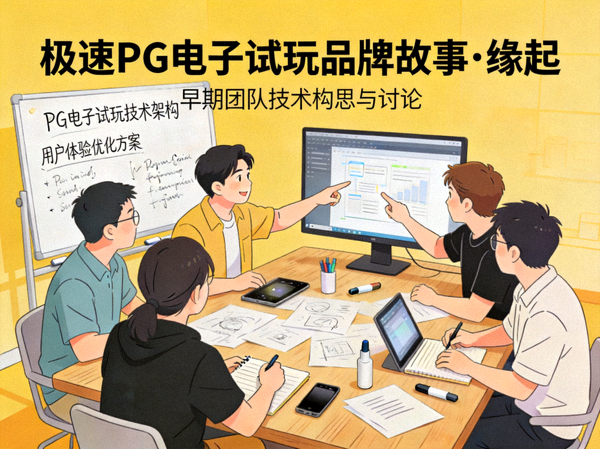 极速PG电子试玩品牌故事缘起概念图，展示团队早期讨论与技术构思场景