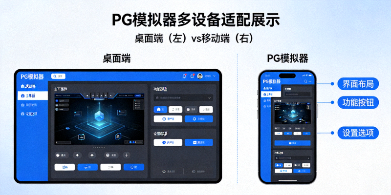 PG模拟器多设备适配展示图，涵盖桌面端与移动端界面效果对比