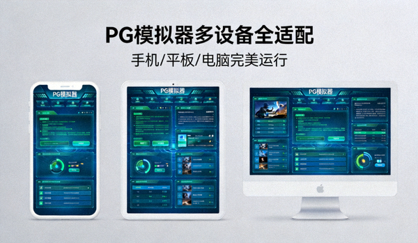 PG模拟器多设备全适配展示图，显示在手机、平板、电脑上完美运行