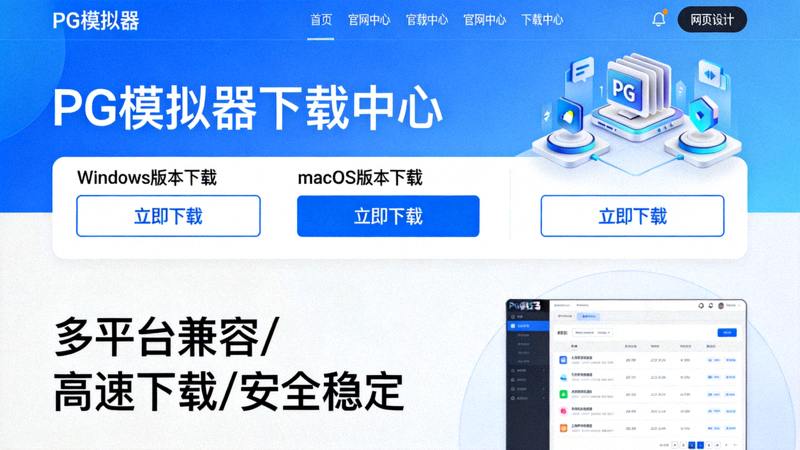 PG模拟器官方网站下载中心页面截图，显示Windows和macOS版本下载按钮
