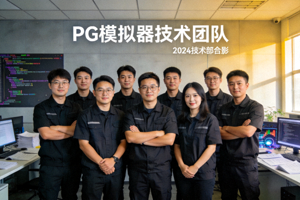 认识PG模拟器背后技术团队合影配图，展示团队在会议室讨论技术方案的工作场景