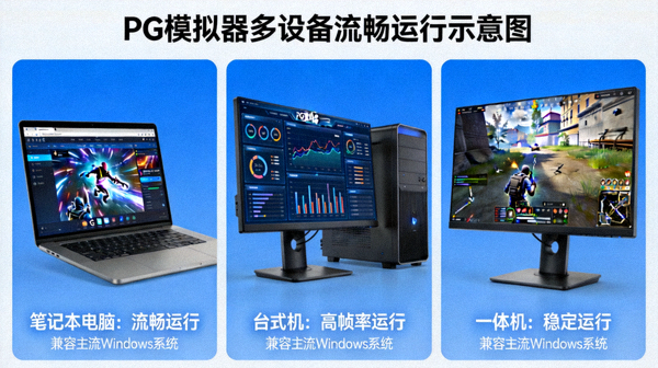 展示PG模拟器在不同电脑设备上流畅运行的示意图